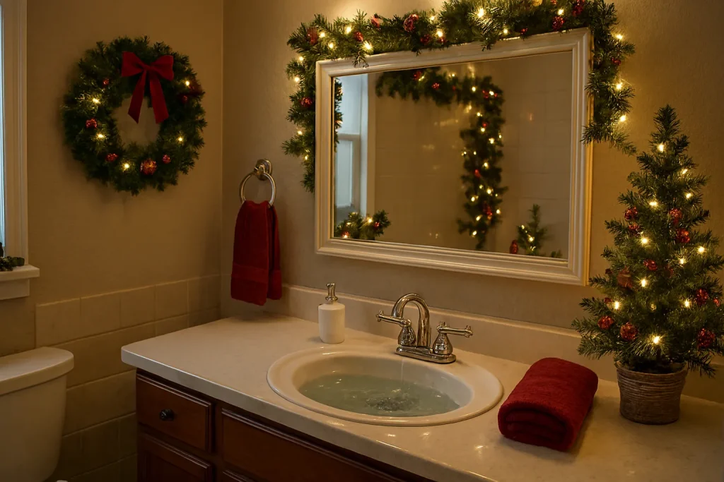 Festive bathroom with Christmas decorations.
