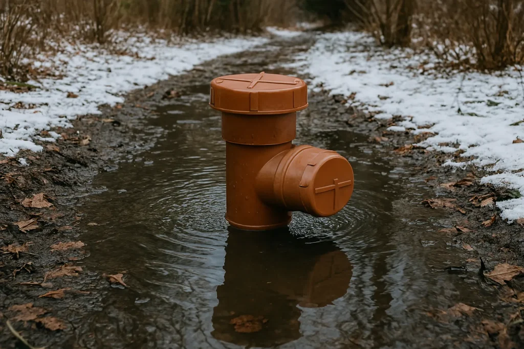 Sewer pipe in muddy, snowy path