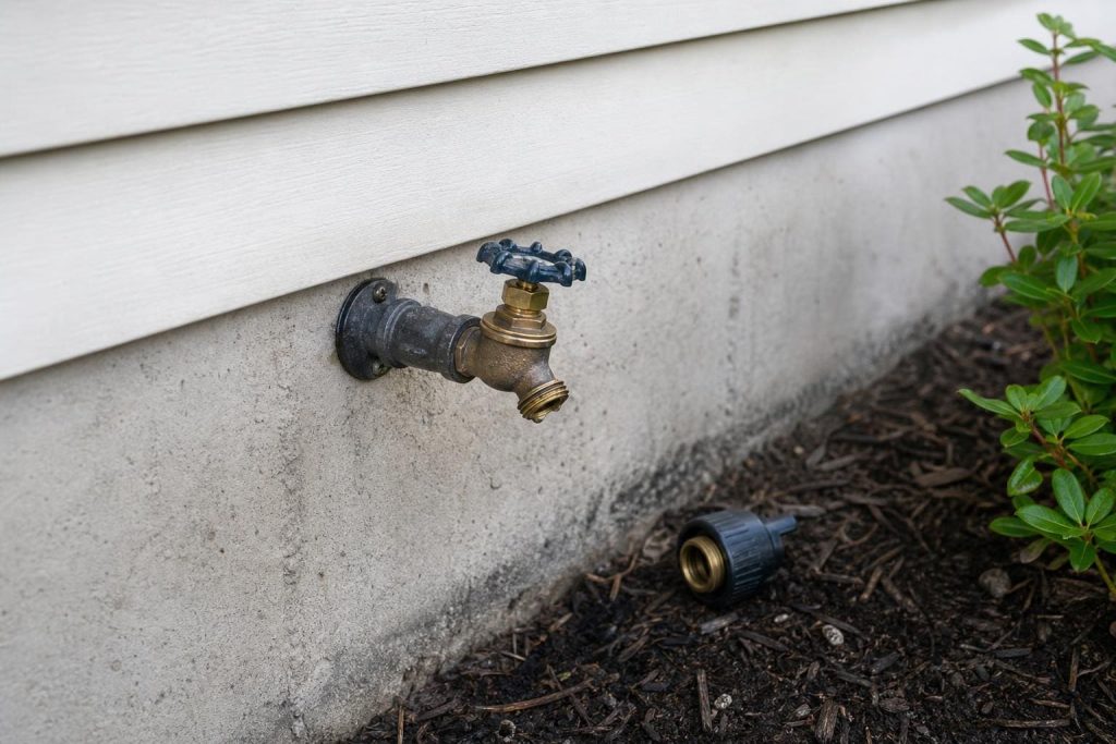 Brass outdoor hose bib with a blue handle mounted on a concrete foundation wall below white siding, with a detached hose connector on the mulch.