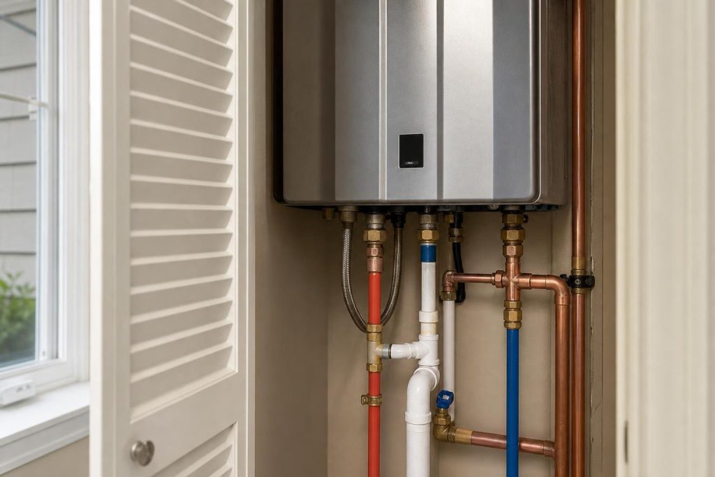 Modern silver tankless water heater mounted in a closet with visible copper, PEX, and PVC plumbing connections.